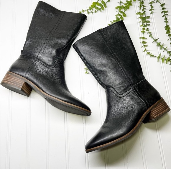 Lucky Brand Laerys Black & Brown Leather Mid Calf Pull On Boots Women's Size 6 - Picture 2 of 5